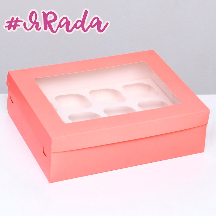картинка Коробка на 12 капкейков с окном, розовая, 32,5 х 25,5 х 10 см от магазина ЯРада